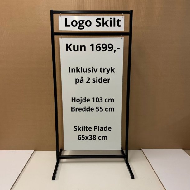 Logo skilt med lige ben (small) boltet - tryk er inkluderet i prisen